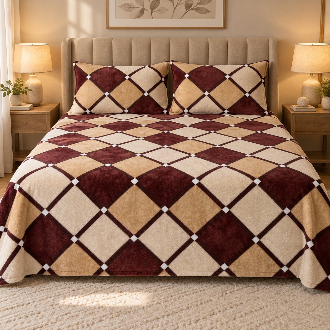 Maroon Diamond Check Fleece Double Bed Sheet with 2 Pillow Cases - 90 x 95 Inches - The Idea