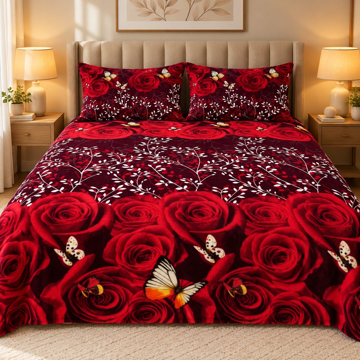 Red Rose Butterfly Fleece Double Bed Sheet with 2 Pillow Cases - 90 x 95 Inches - The Idea