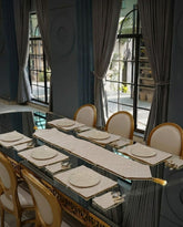Antique Gold Jacquard Dining Set – Table Runner, 6 Placemats & 6 Spoon Covers