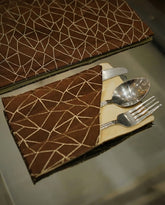 Burgundy Gold Starburst Jacquard Dining Set – Table Runner, 6 Placemats & 6 Spoon Covers