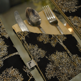 Black Gold Floral Tree Jacquard Dining Set – Table Runner, 6 Placemats & 6 Spoon Covers