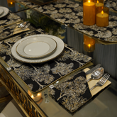 Black Gold Floral Tree Jacquard Dining Set – Table Runner, 6 Placemats & 6 Spoon Covers