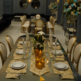 Golden Black Starburst Jacquard Dining Set – Table Runner, 6 Placemats & 6 Spoon Covers