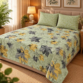 Autumn Maple Green Printed Cotton Double Bed Sheet with 2 Pillow Cases - The Idea