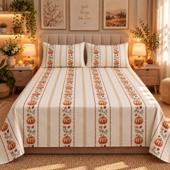 Autumn Pumpkin Stripe Kids Double Bed Sheet with 2 Pillow Cases - The Idea
