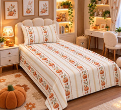 Autumn Pumpkin Stripe Kids Single Bed Sheet with Pillow Case