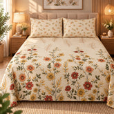 Autumn Wildflower Cream Printed Cotton Double Bed Sheet with 2 Pillow Cases - The Idea