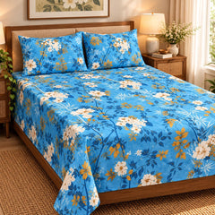 Azure Tropical Leaf Printed Cotton Double Bed Sheet with 2 Pillow Cases - The Idea