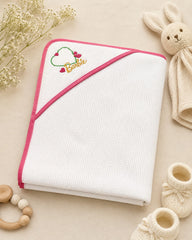 Barbie heart embroidered hooded baby towel folded with pink trim