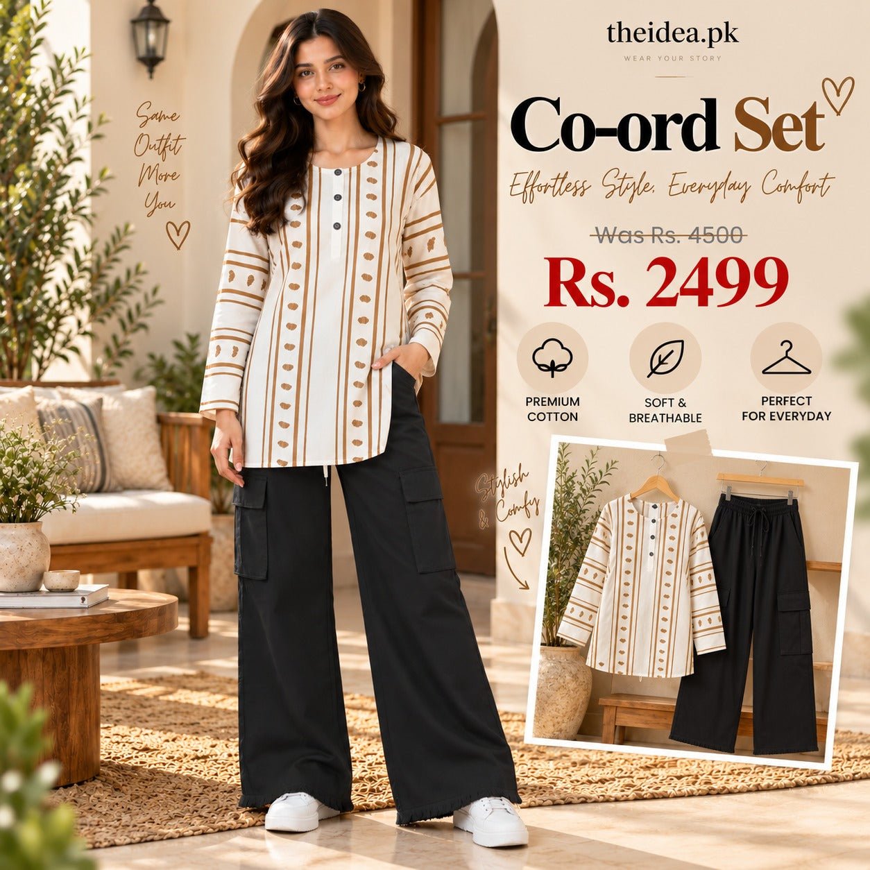 Beige Stripe Printed Top & Black Cargo Trouser Co-ord Set - The Idea