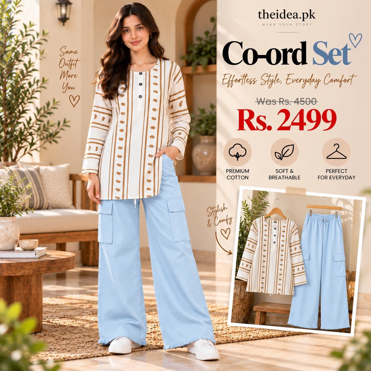 Beige Stripe Printed Top & Sky Blue Cargo Trouser Co-ord Set - The Idea
