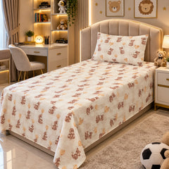 Beige Teddy Balloons Kids Single Bed Sheet with Pillow Case