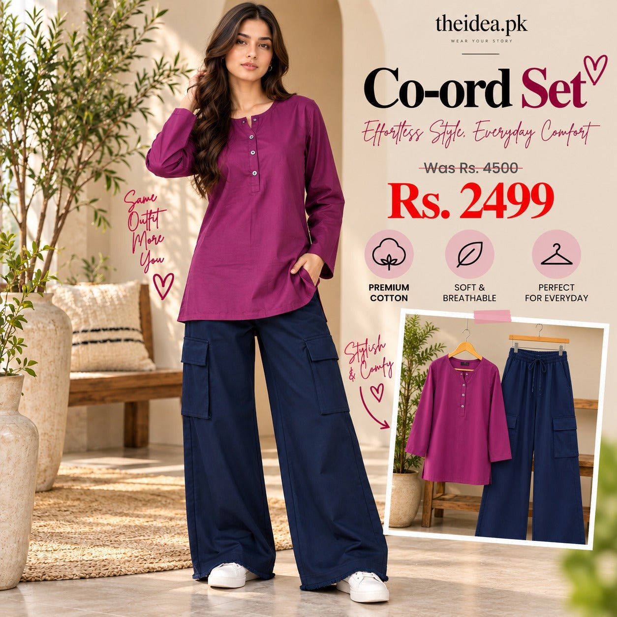 Berry Magenta Top & Navy Cargo Trouser Co-ord Set - The Idea
