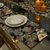 Black Gold Floral Tree Jacquard Dining Set – Table Runner, 6 Placemats & 6 Spoon Covers - The Idea