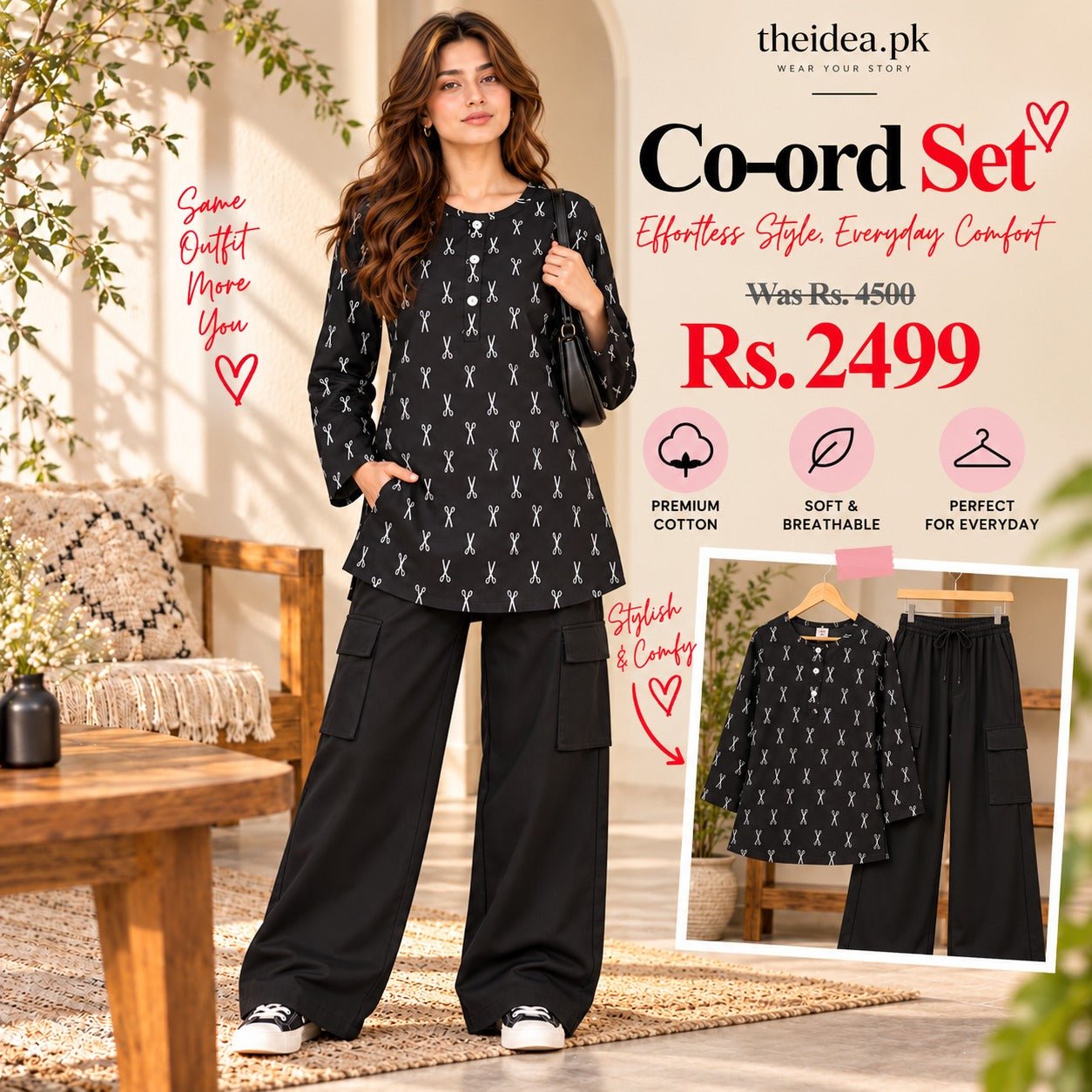 Black Scissor Print Top & Black Cargo Trouser Co-ord Set - The Idea