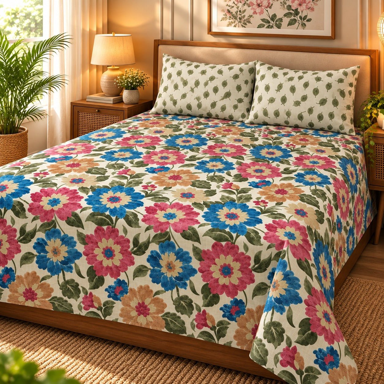 Bloom Fiesta Multicolor Printed Cotton Double Bed Sheet with 2 Pillow Cases - The Idea