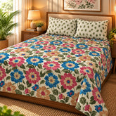 Bloom Fiesta Multicolor Printed Cotton Double Bed Sheet with 2 Pillow Cases - The Idea