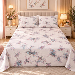 Blossom Birds Floral Kids Double Bed Sheet with 2 Pillow Cases - The Idea