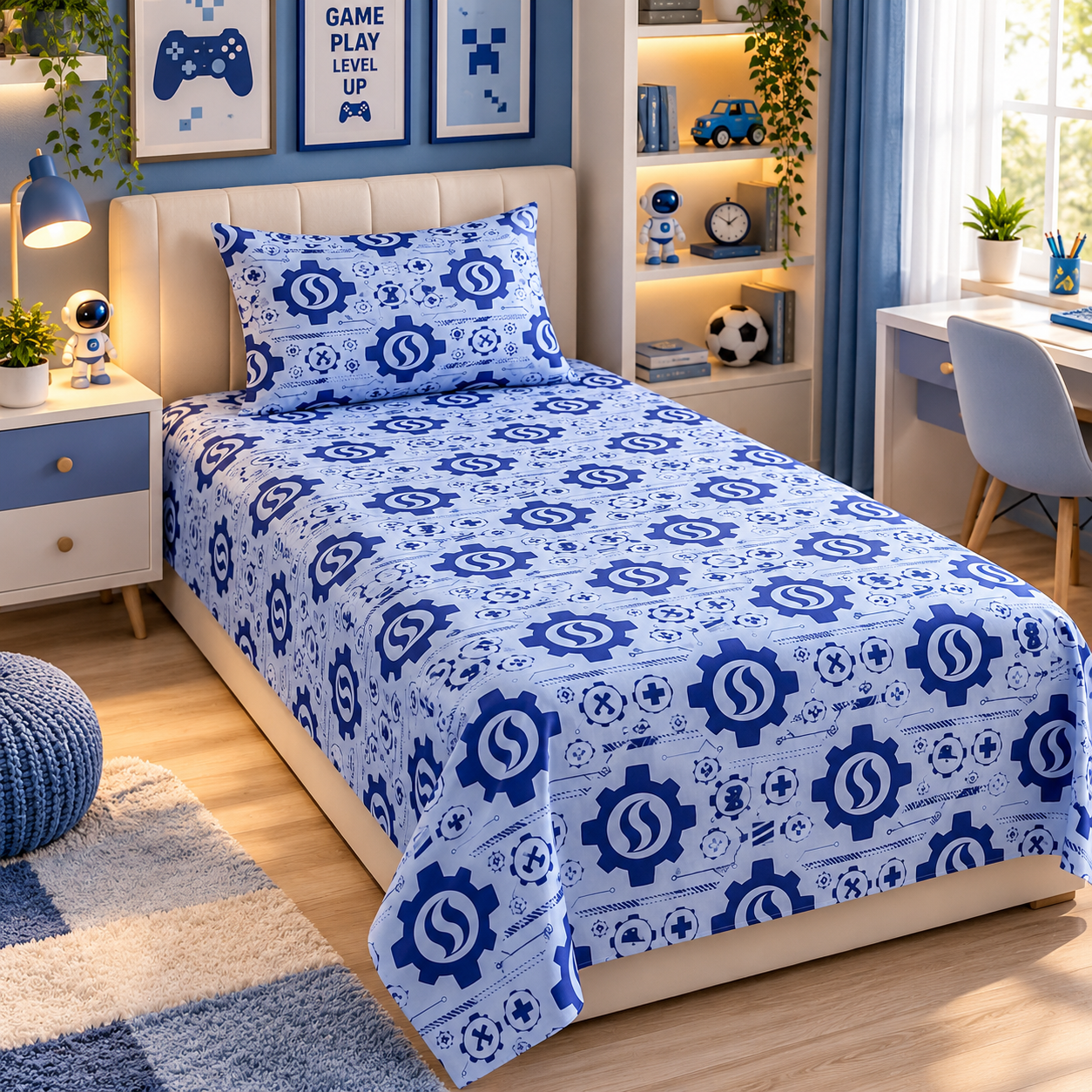 Blue Gears Mecha Kids Single Bed Sheet with Pillow Case - The Idea