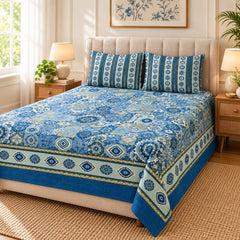Blue Jaipuri Tile Printed Cotton Double Bed Sheet with 2 Pillow Cases - The Idea