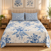 Blue Toile Garden Printed Cotton Double Bed Sheet with 2 Pillow Cases - The Idea