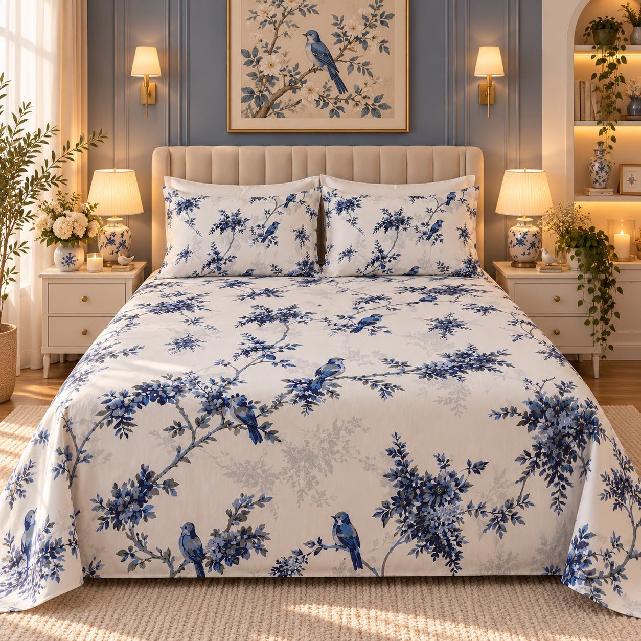 Blue & White Birds Floral Kids Double Bed Sheet with 2 Pillow Cases - The Idea