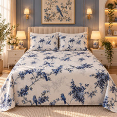 Blue & White Birds Floral Kids Double Bed Sheet with 2 Pillow Cases - The Idea