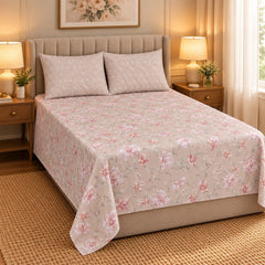 Blush Pink Blossom Printed Cotton Double Bed Sheet with 2 Pillow Cases - The Idea