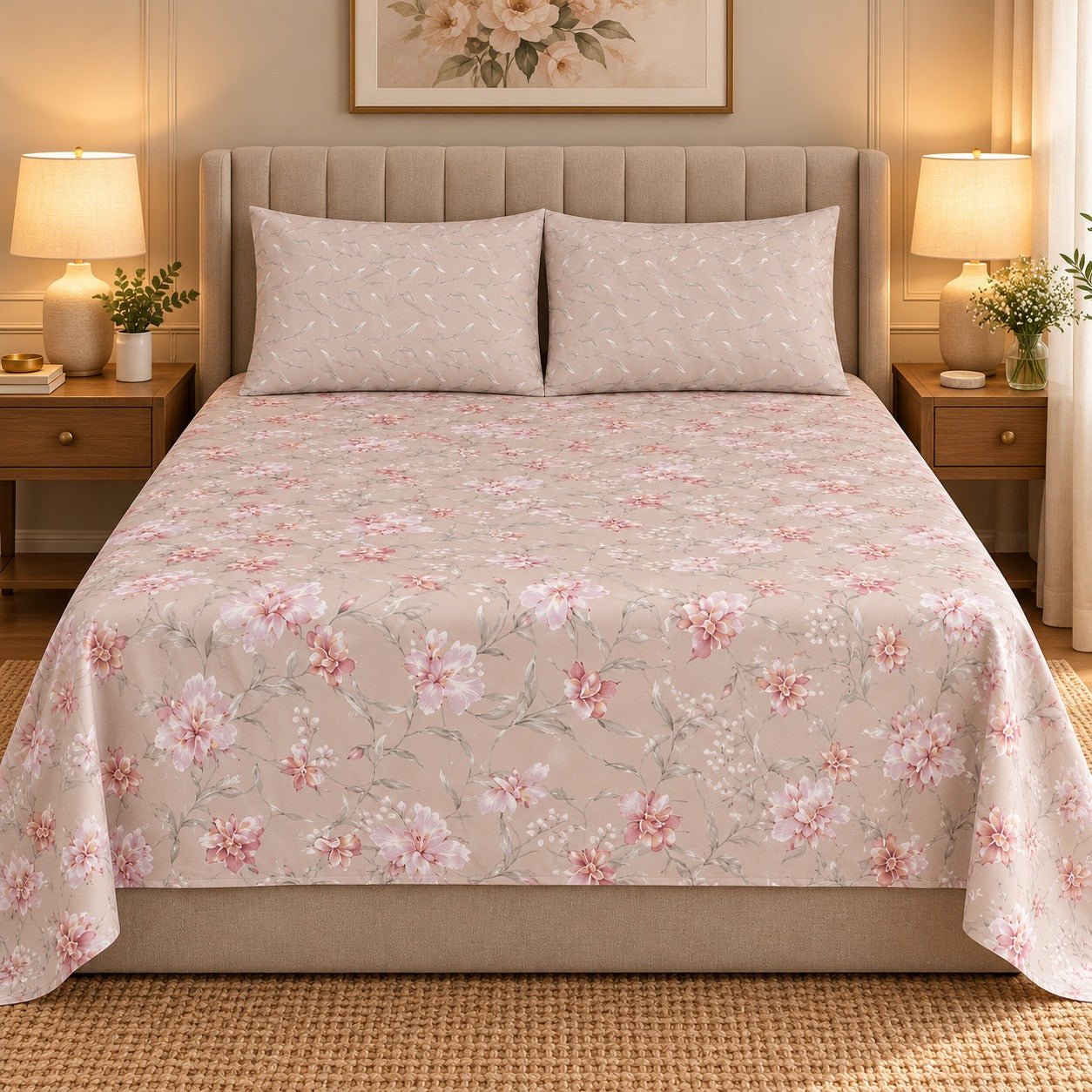Blush Pink Blossom Printed Cotton Double Bed Sheet with 2 Pillow Cases - The Idea