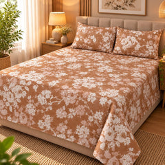 Blush Taupe Floral Printed Cotton Double Bed Sheet with 2 Pillow Cases - The Idea