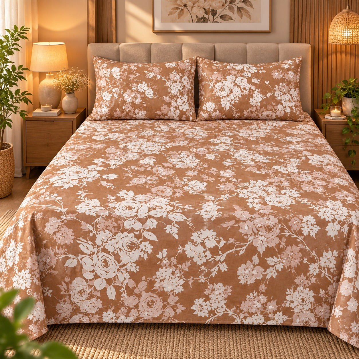 Blush Taupe Floral Printed Cotton Double Bed Sheet with 2 Pillow Cases - The Idea
