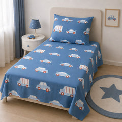 Blue cartoon cars kids single bedsheet 60x90 inches