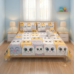 Cute Cat Faces Kids Double Bed Sheet with 2 Pillow Cases