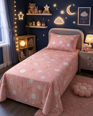 Celestial moon and stars print kids single bed sheet with pillow case