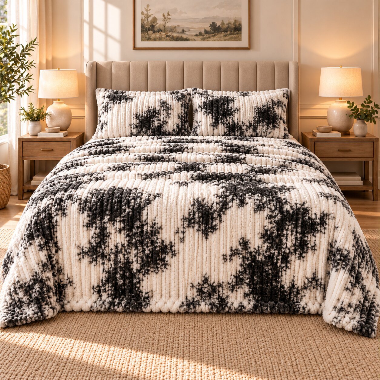 Charcoal Ikat Diamond Fleece Double Bed Sheet with 2 Pillow Cases - 90 x 95 Inches - The Idea