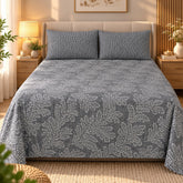 Charcoal Leaf Vine Printed Cotton Double Bed Sheet with 2 Pillow Cases - The Idea