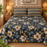 Charcoal Meadow Printed Cotton Double Bed Sheet with 2 Pillow Cases - The Idea