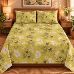 Chartreuse Bloom Printed Cotton Double Bed Sheet with 2 Pillow Cases - The Idea