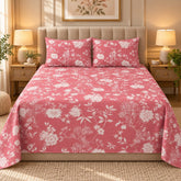 Coral Blossom Spray Printed Cotton Double Bed Sheet with 2 Pillow Cases - The Idea