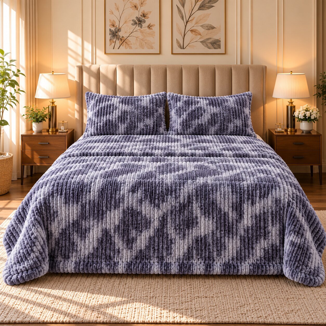 Coral Blossom Stripe Fleece Double Bed Sheet with 2 Pillow Cases - 90 x 95 Inches - The Idea