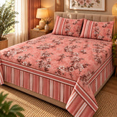 Coral Floral Stripe Printed Cotton Double Bed Sheet with 2 Pillow Cases - The Idea