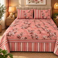 Coral Floral Stripe Printed Cotton Double Bed Sheet with 2 Pillow Cases - The Idea