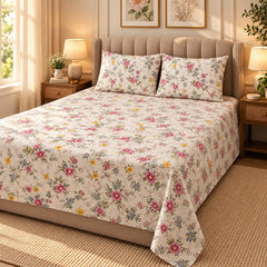 Cottage Multiflora Printed Cotton Double Bed Sheet with 2 Pillow Cases - The Idea