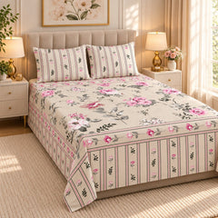 Cottage Stripe Bouquet Printed Cotton Double Bed Sheet with 2 Pillow Cases - The Idea