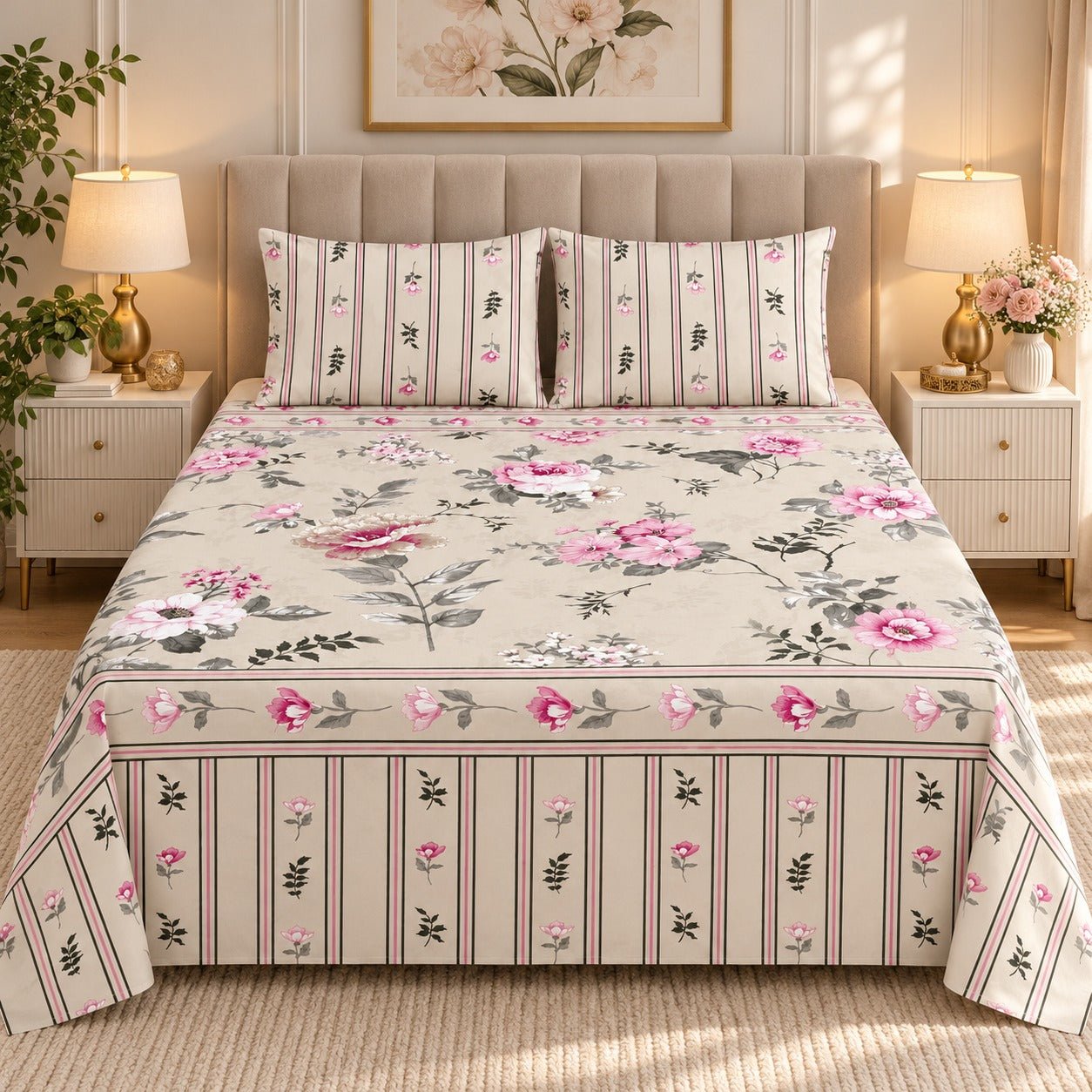Cottage Stripe Bouquet Printed Cotton Double Bed Sheet with 2 Pillow Cases - The Idea