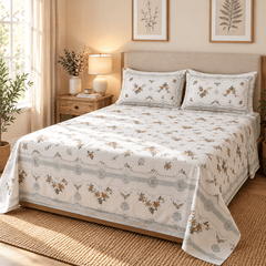 Cream Floral Border Kids Double Bed Sheet with 2 Pillow Cases - The Idea