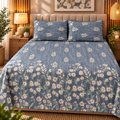 Denim Daisy Printed Cotton Double Bed Sheet with 2 Pillow Cases - The Idea