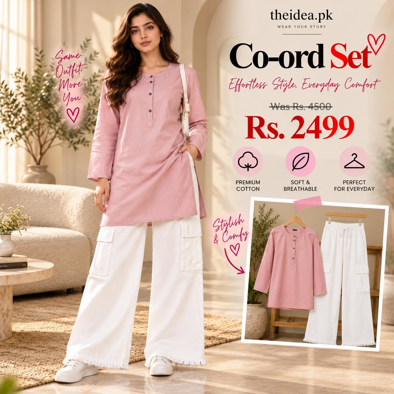 Dusty Pink Top & White Cargo Trouser Co-ord Set - The Idea