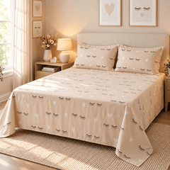 Eyelash & Hearts Beige Kids Double Bed Sheet with 2 Pillow Cases - The Idea