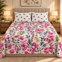Fuchsia Wildflower Printed Cotton Double Bed Sheet with 2 Pillow Cases - The Idea